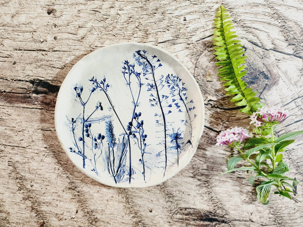 Israeli Ceramic Plate Botanical plate stamped with flowers from Israel