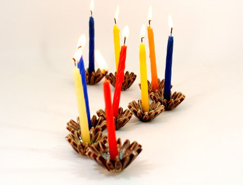 Ceramic Hanukkah Menorah with brown and turquoise flowers