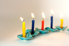 Ceramic Hanukkah Menorah with lacy turquoise flowers - Ceramics By Orly
 - 2