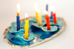Ceramic Hanukkah Menorah- Lacy turquoise flowers with aqua platter - Ceramics By Orly
 - 4