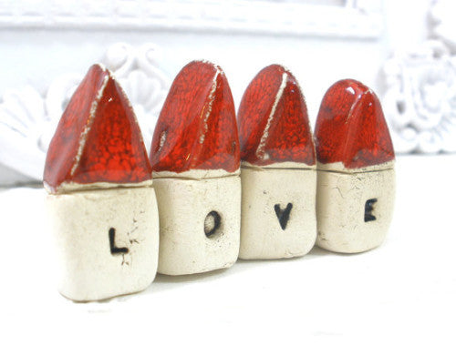 A set of tiny rustic ceramic miniature LOVE houses in colors of your choice