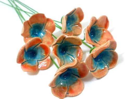 Tangerine and turquoise ceramic flowers