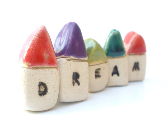A set of tiny rustic ceramic miniature DREAM houses in colors of your choice