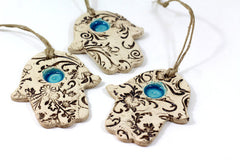 Ceramic Hamsa decoration - Beautiful handmade brown and turquoise Hamsa for Good Luck - Ceramics By Orly
 - 1