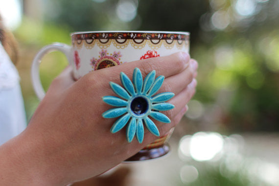 Flower ring Turquoise ring Cocktail ring Big ring Ceramic jewelry