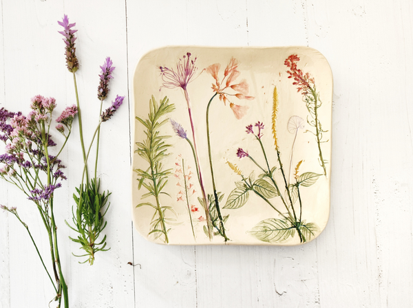 Unique Ceramic Matzah Plate with real flowers