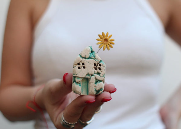 Handmade Miniature Ceramic House with Yellow Flower - Artisan Clay House for Collectors