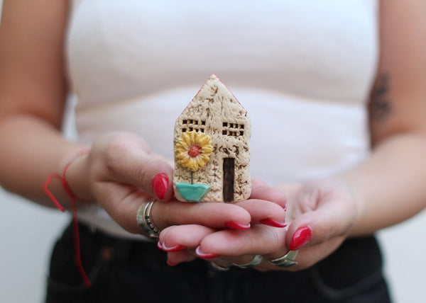 Handmade Ceramic House – Rustic Sunflower Cottage Décor