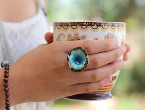 One of a kind turquoise and brown ceramic ring