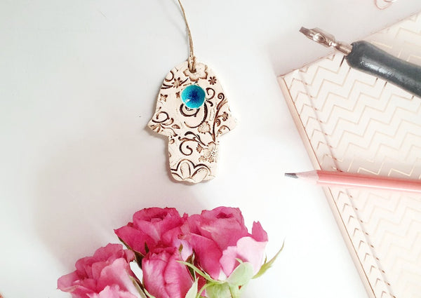 Ceramic Hamsa decoration - Beautiful handmade brown and turquoise Hamsa for Good Luck