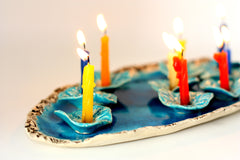 Ceramic Hanukkah Menorah- Lacy turquoise flowers with aqua platter - Ceramics By Orly
 - 3
