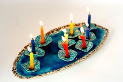 Ceramic Hanukkah Menorah- Lacy turquoise flowers with aqua platter - Ceramics By Orly
 - 2