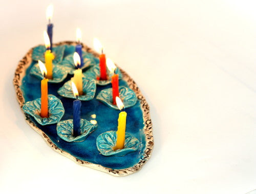 Ceramic Hanukkah Menorah- Lacy turquoise flowers with aqua platter