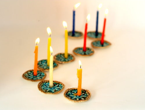 Ceramic Hanukkah Menorah with vintage lace pattern in brown and turquoise - Ceramics By Orly
 - 1