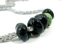 Adjustable crocheted silver black and green necklace - Ceramics By Orly
 - 5