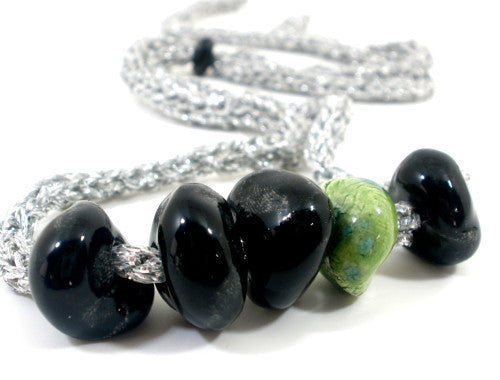 Adjustable crocheted silver black and green necklace - Ceramics By Orly
 - 1