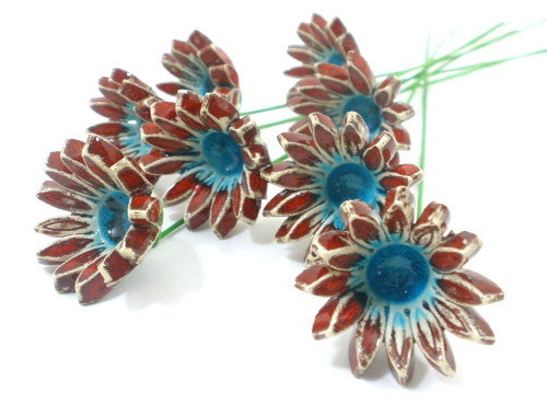 Red and turquoise ceramic flowers