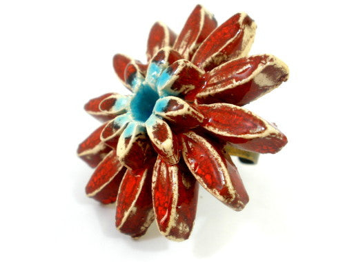 Red and turquoise ceramic flower ring - Ceramics By Orly
 - 1