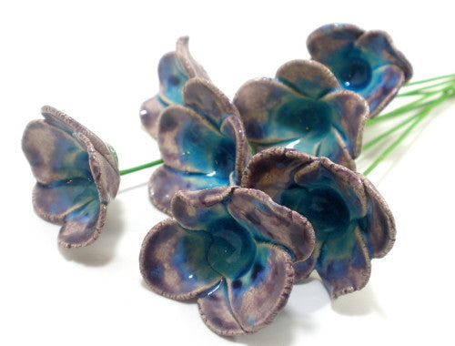 Purple and turquoise ceramic flowers