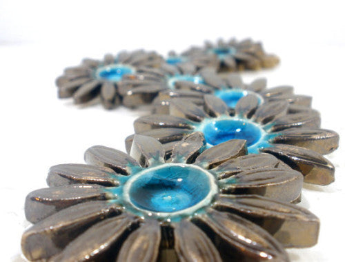 Turquoise and brown ceramic flowers