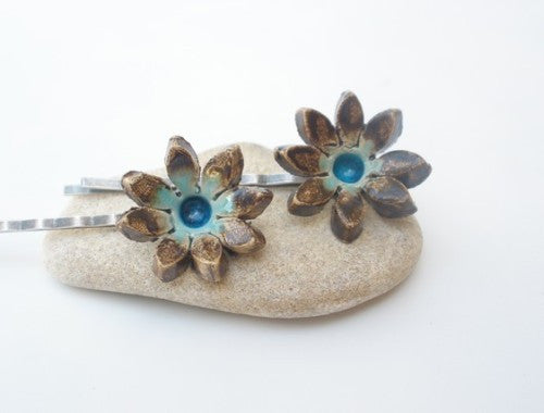 Jewelry Hair pins One of a kind turquoise and brown ceramic flowers hair pins