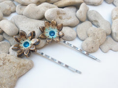 Jewelry Hair pins One of a kind turquoise and brown ceramic flowers hair pins - Ceramics By Orly
 - 2