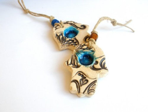 Ceramic Hamsa decoration – Beautiful handmade brown and turquoise Hamsa for Good Luck