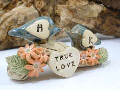 True love woodland wedding cake topper Love birds cake topper Tree cake topper Personalized love birds - Ceramics By Orly
 - 1