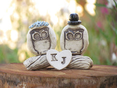 MR & MRS Owls cake topper Rustic bride and groom love birds cake topper - Ceramics By Orly
 - 2