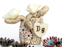 One Love Ceramic Wedding Cake Topper - Love Birds on Tree with Initials - Ceramics By Orly
 - 2