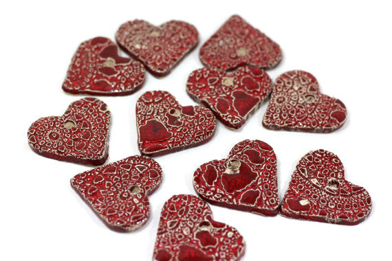 Ceramic red heart ornaments decoration (set of 5) Gift label - Ceramics By Orly
 - 1