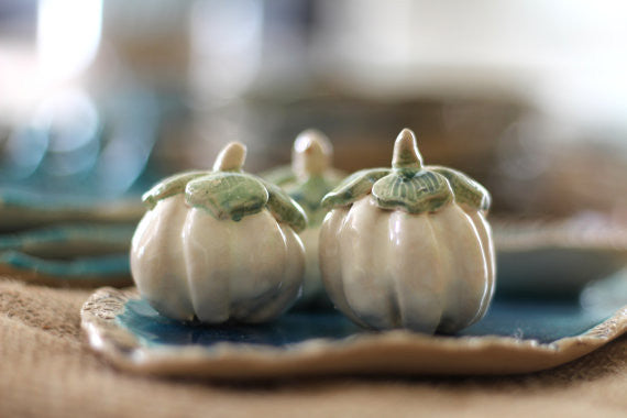 Ceramic pumpkin Halloween decoration White pumpkin (set of 3) Cottage chic Thanksgiving
