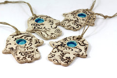 Ceramic Hamsa decoration - Beautiful handmade brown and turquoise Hamsa for Good Luck - Ceramics By Orly
 - 2