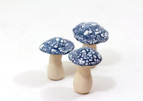 Miniature mushrooms in blue and white 