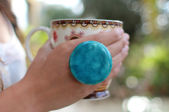 Turquoise ring - adjustable cocktail ring Boho chic jewelry - Ceramics By Orly
 - 1