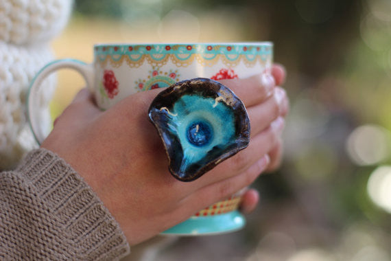 Boho jewelry One of a kind turquoise and brown ceramic ring - Ceramic jewelry Big ring