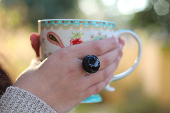 Black ring - Ceramic jewelry - adjustable cocktail ring Boho chic jewelry