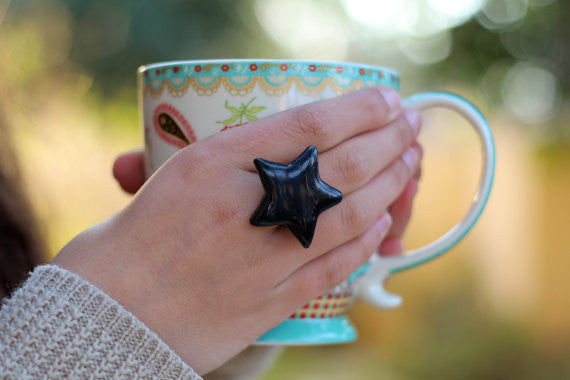 Star ring Ceramic jewelry Ceramic ring Black ring Black star
