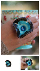 Boho jewelry One of a kind turquoise and brown ceramic ring - Ceramic jewelry Big ring - Ceramics By Orly
 - 2