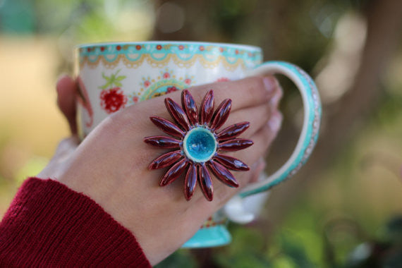 Marsala Flower ring Cocktail ring Big ring Ceramic jewelry