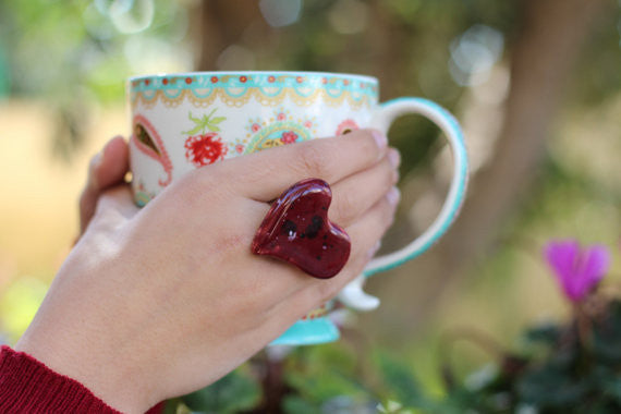 Marsala heart ring Ceramic jewelry Ceramic ring Red heart ring