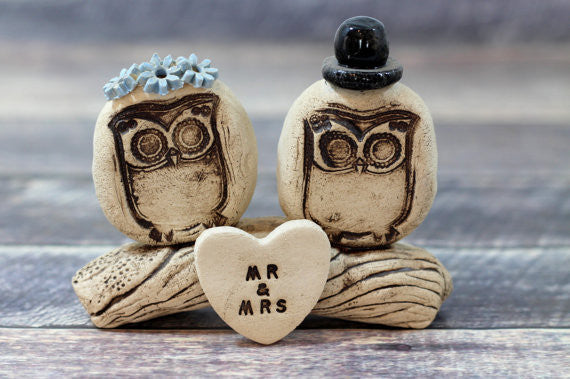 MR & MRS Owls cake topper Rustic bride and groom love birds cake topper - Ceramics By Orly
 - 1