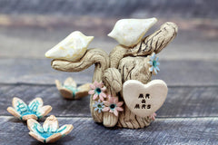 One Love Ceramic Wedding Cake Topper - Love Birds on Tree with Initials - Ceramics By Orly
 - 4