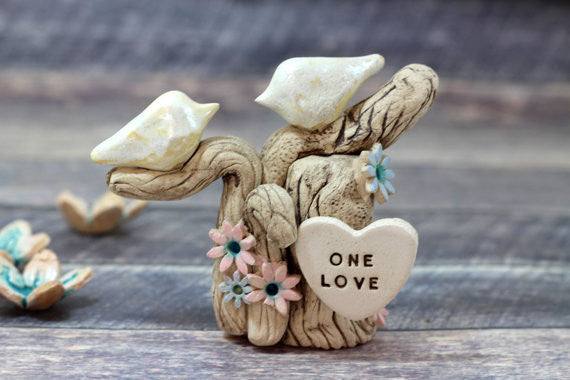 One Love Ceramic Wedding Cake Topper - Love Birds on Tree with Initials - Ceramics By Orly
 - 1