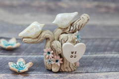 One Love Ceramic Wedding Cake Topper - Love Birds on Tree with Initials - Ceramics By Orly
 - 5