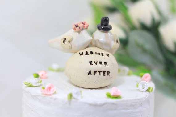 Wedding cake topper Custom love birds - Happily ever after Personalized wedding cake topper