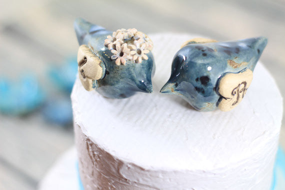 Love bird cake topper Initials cake topper Wedding cake topper Blue wedding - Ceramics By Orly
