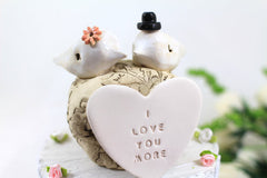I love you more Custom love birds Wedding cake topper Cake topper rustic White Love birds cake topper - Ceramics By Orly
