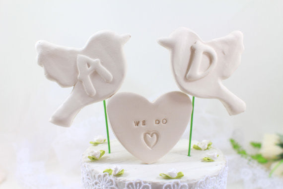 We do Bird Wedding cake topper Custom cake topper Initials cake topper Love birds wedding cake topper - Ceramics By Orly
 - 1