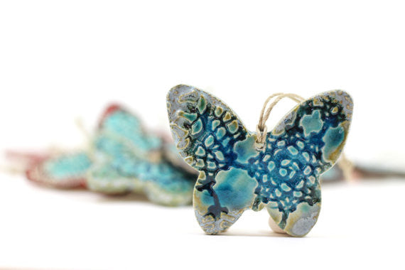 Room decor Brown and aqua butterfly ornament Holidays decor Wall hanging - Ceramics By Orly
 - 1